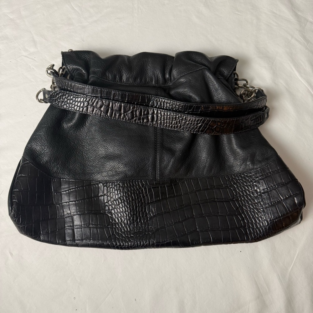 Vintage LEATHEROCK USA Black Pebbled Leather Jewel Studded Rocker Hobo Y2K Biker - Picture 16 of 16